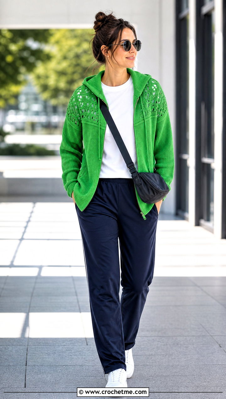 Hooded Yoke Cardigan With Track Pants - 20 Crochet Yoke Cardigan outfit ideas