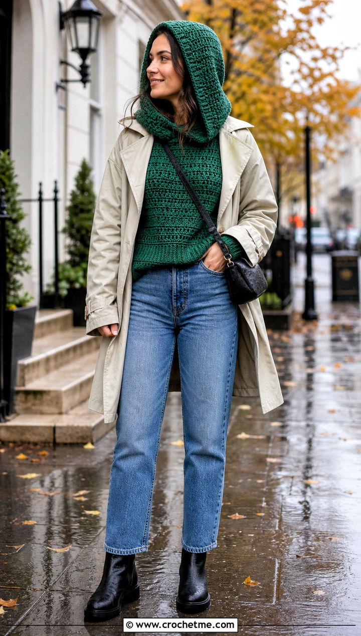 Hooded Yoke Crochet Sweater With Trench Coat - 25 Yoke Down Crochet Sweater outfit ideas