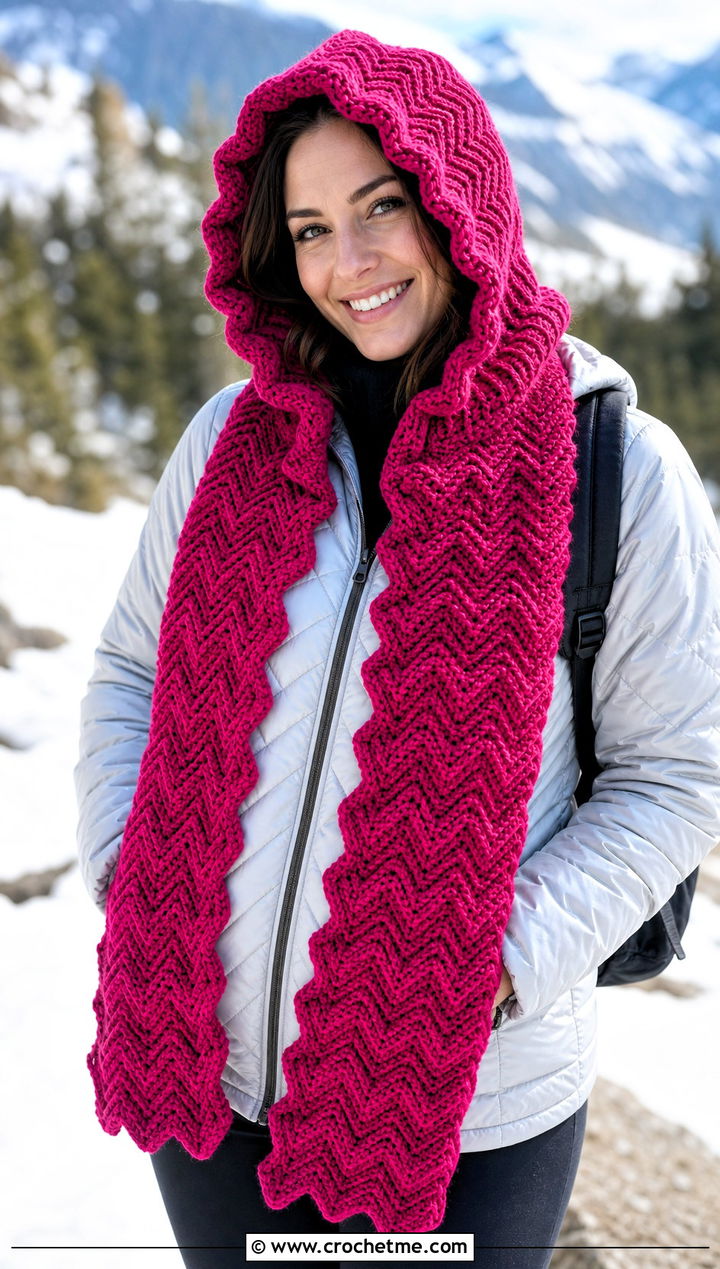 Hooded Zig Zag Crochet Scarf With Quilted Jacket - 25 Zig Zag Crochet Scarf outfit ideas