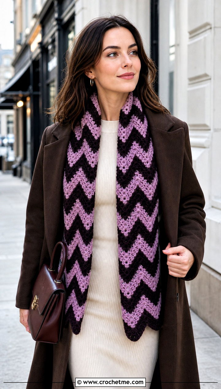 Horizontal Chevron Crochet Scarf With Sweater Dress - 15 horizontal crochet scarf outfit ideas