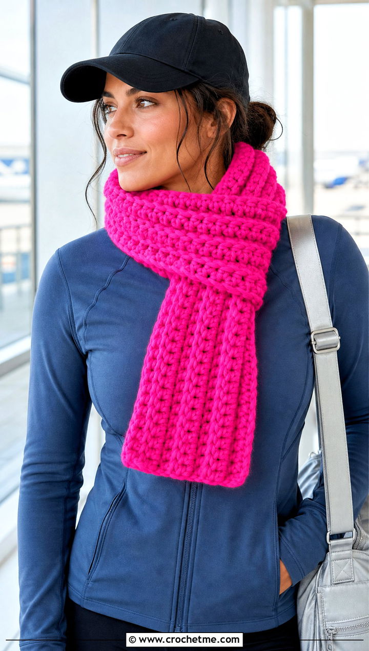Horizontal Chunky Crochet Scarf With Athleisure - 15 horizontal crochet scarf outfit ideas