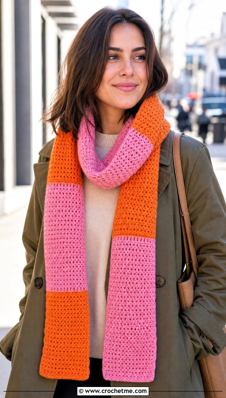 Horizontal Color Block Crochet Scarf With Trench Coat - 15 horizontal crochet scarf outfit ideas