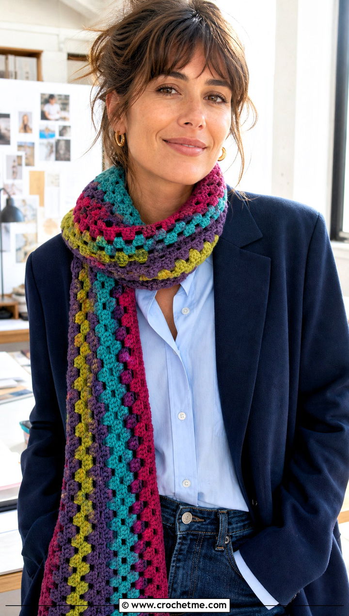 Horizontal Granny Stripe Crochet Scarf With Blazer - 15 horizontal crochet scarf outfit ideas
