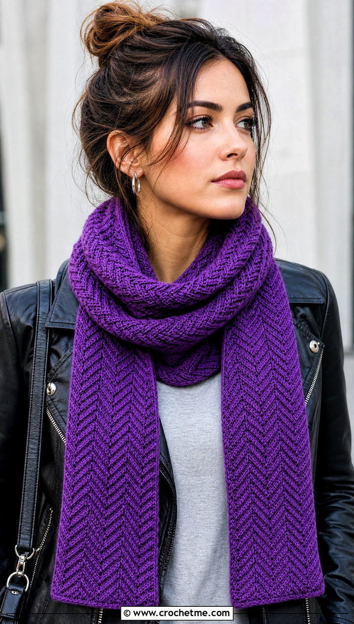 Horizontal Herringbone Crochet Scarf With Leather Jacket - 15 horizontal crochet scarf outfit ideas