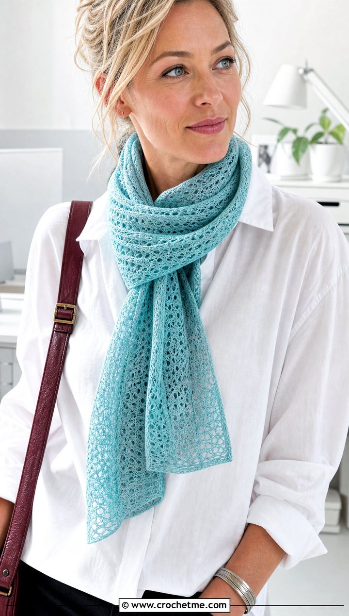 Horizontal Lace Crochet Scarf With Button Down Shirt - 15 horizontal crochet scarf outfit ideas
