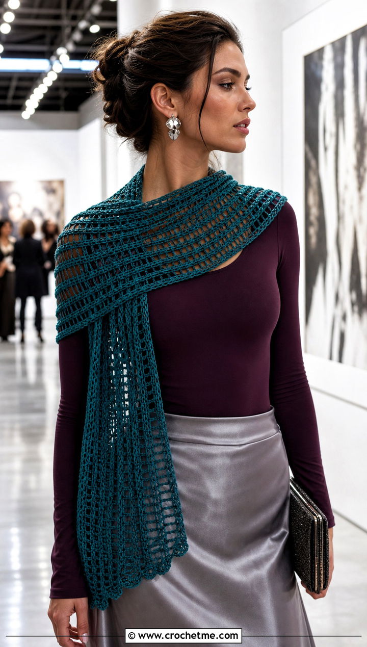 Horizontal Mesh Crochet Scarf With Satin Skirt - 15 horizontal crochet scarf outfit ideas
