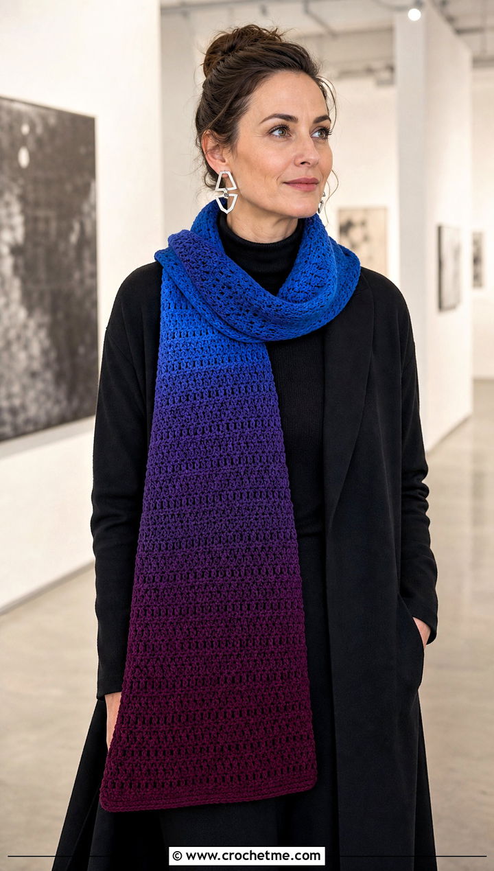 Horizontal Ombre Crochet Scarf With Monochrome Outfit - 15 horizontal crochet scarf outfit ideas