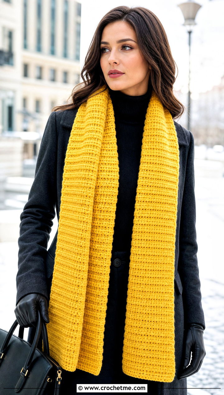 Horizontal Ribbed Crochet Scarf With Wool Coat - 15 horizontal crochet scarf outfit ideas