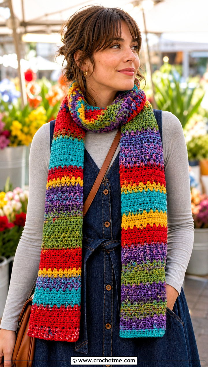 Horizontal Scrap Yarn Crochet Scarf With Denim Dress - 15 horizontal crochet scarf outfit ideas