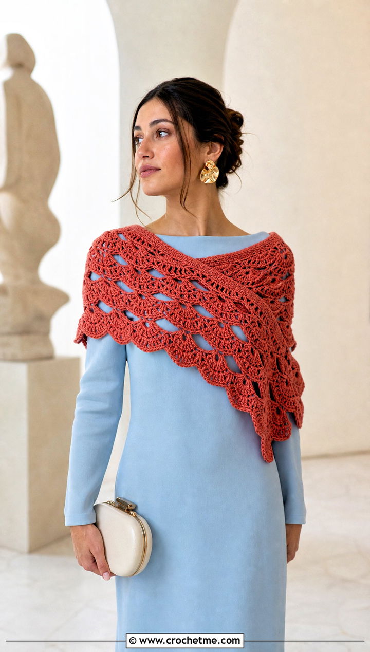 Horizontal Shell Stitch Crochet Scarf With Maxi Dress - 15 horizontal crochet scarf outfit ideas
