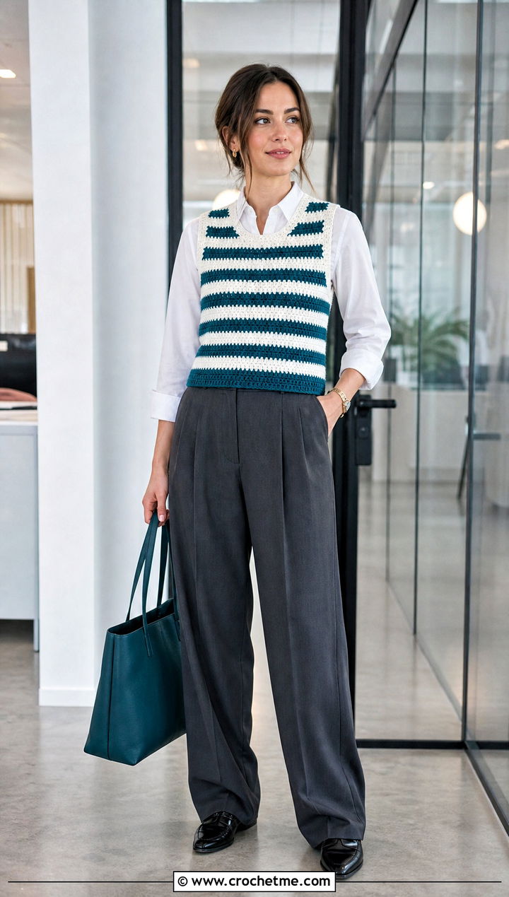 Horizontal Stripe Crochet Vest With Tailored Trousers - 25 crochet vest stripes outfit ideas