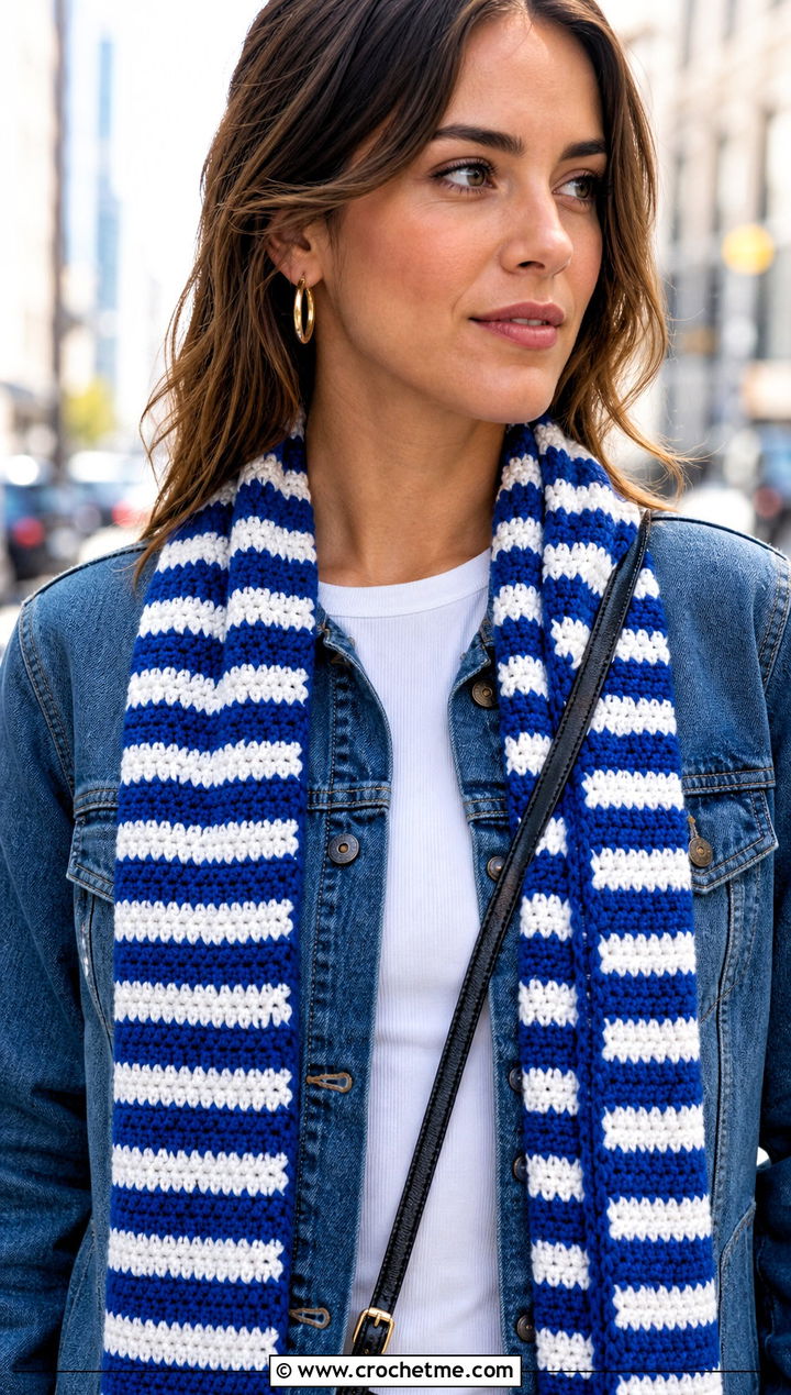Horizontal Striped Crochet Scarf With Denim Jacket - 15 horizontal crochet scarf outfit ideas
