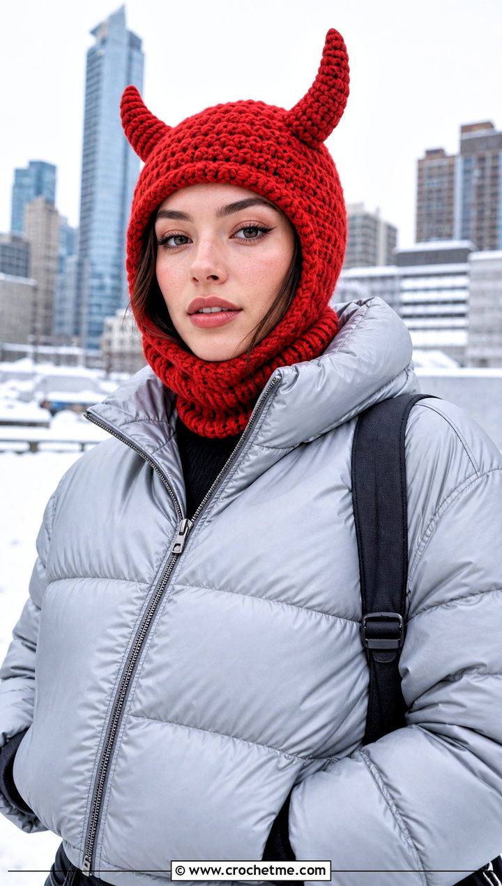 Horned Balaclava Beanie With Puffer Jacket - 20 Crochet Horned Beanie outfit ideas