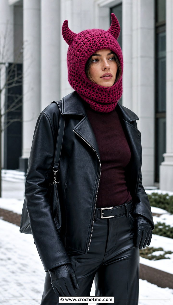 Horned Crochet Ski Helmet Balaclava With Leather Winter Outfit - 15 crochet ski helmet balaclava outfit ideas