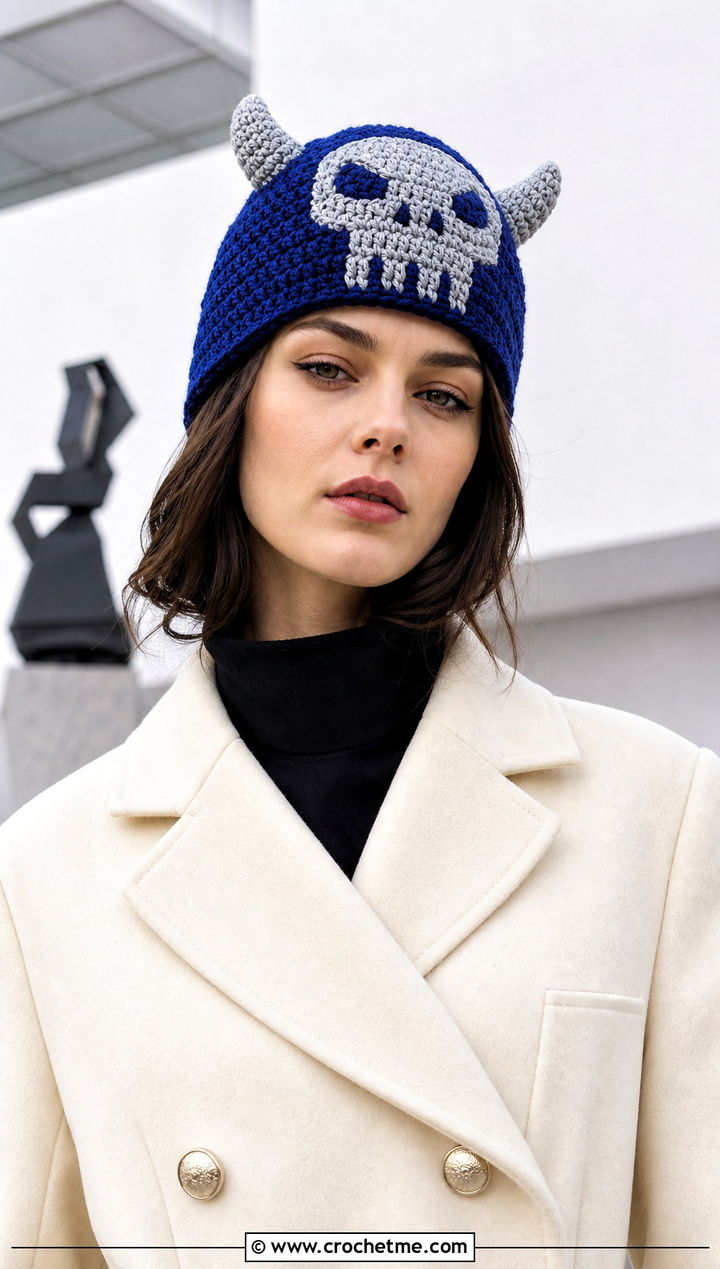 Horned Crochet Skull Beanie With Tailored Coat - 30 crochet skull beanie outfit ideas