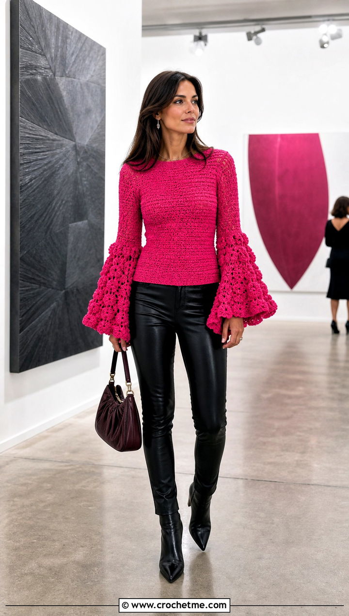 Hot Pink Bell Sleeve Crochet Top With Leather Pants - 30 hot pink crochet top outfit ideas