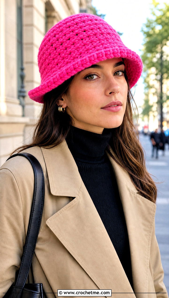 Hot Pink Chunky Crochet Bucket Hat With Trench Coat - 15 pink crochet bucket hat outfit ideas