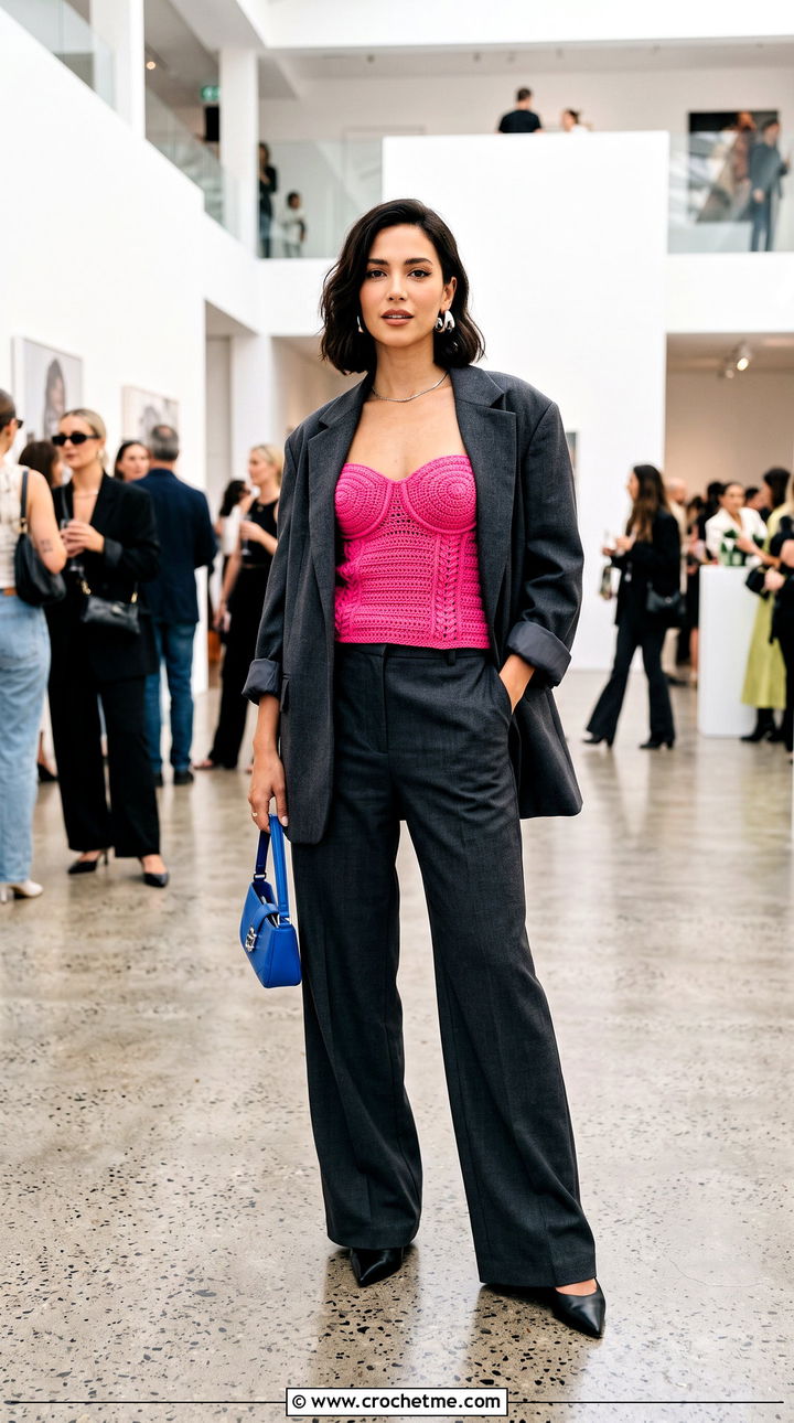 Hot Pink Crochet Bustier Top With An Oversized Suit - 30 hot pink crochet top outfit ideas