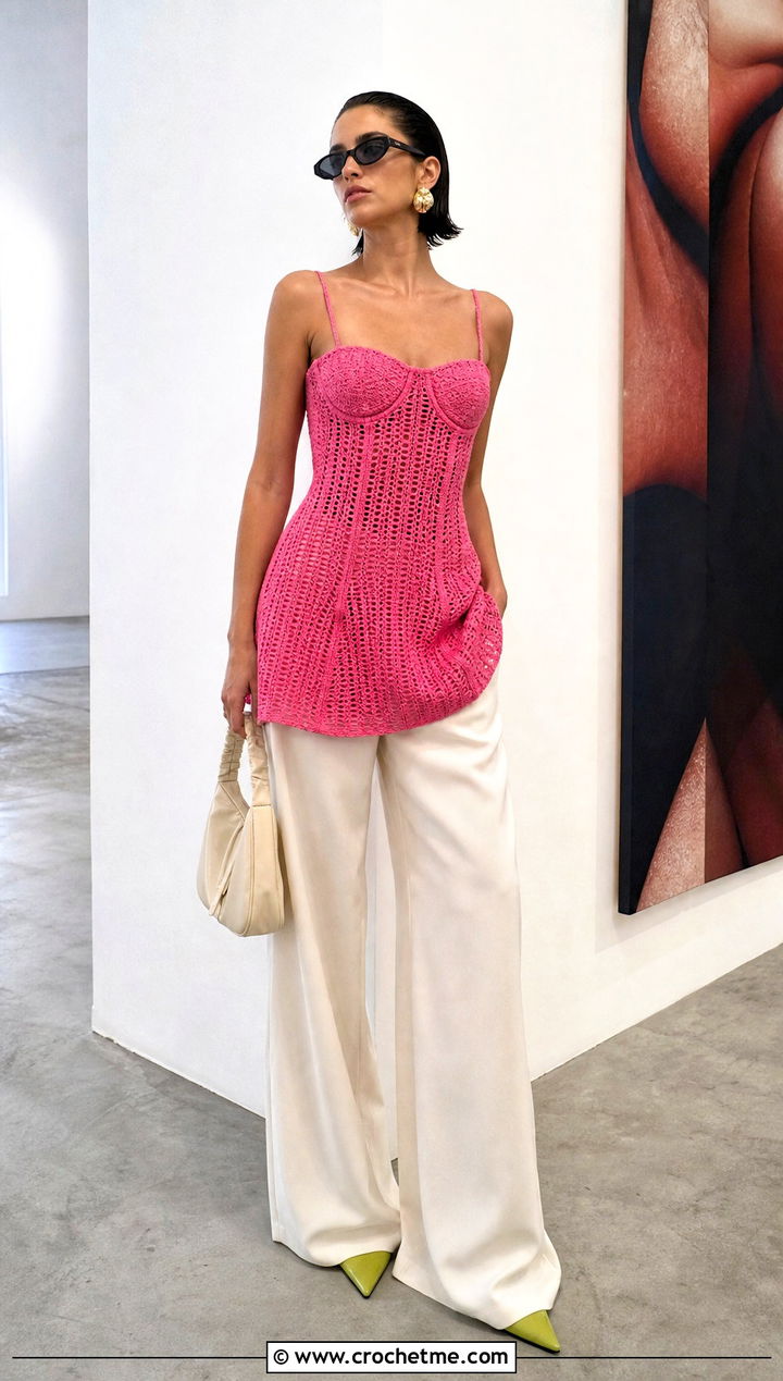 Hot Pink Crochet Corset Mini Dress Over Wide Leg Pants - 25 hot pink crochet dress outfit ideas