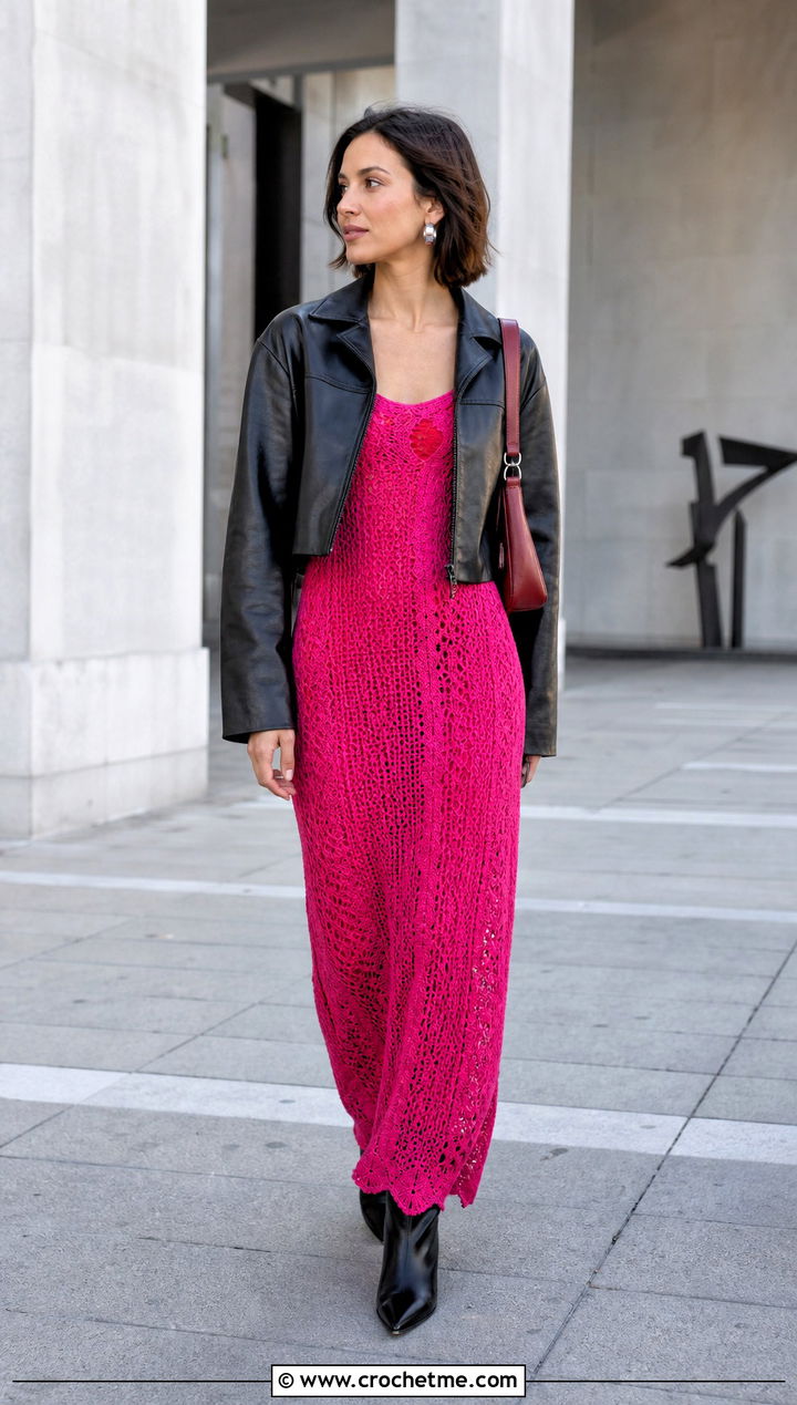 Hot Pink Crochet Slip Maxi Dress With Leather Jacket - 25 hot pink crochet dress outfit ideas