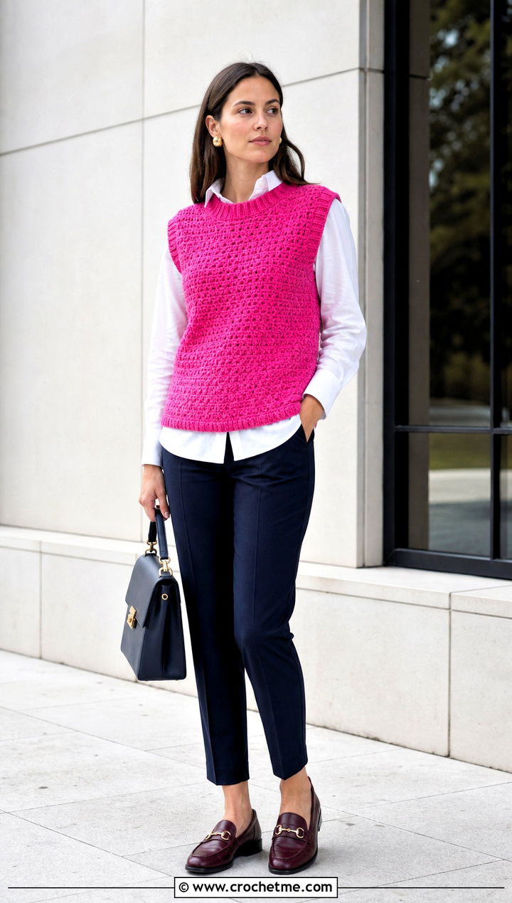 Hot Pink Crochet Sweater Vest Over A White Shirt - 30 hot pink crochet top outfit ideas