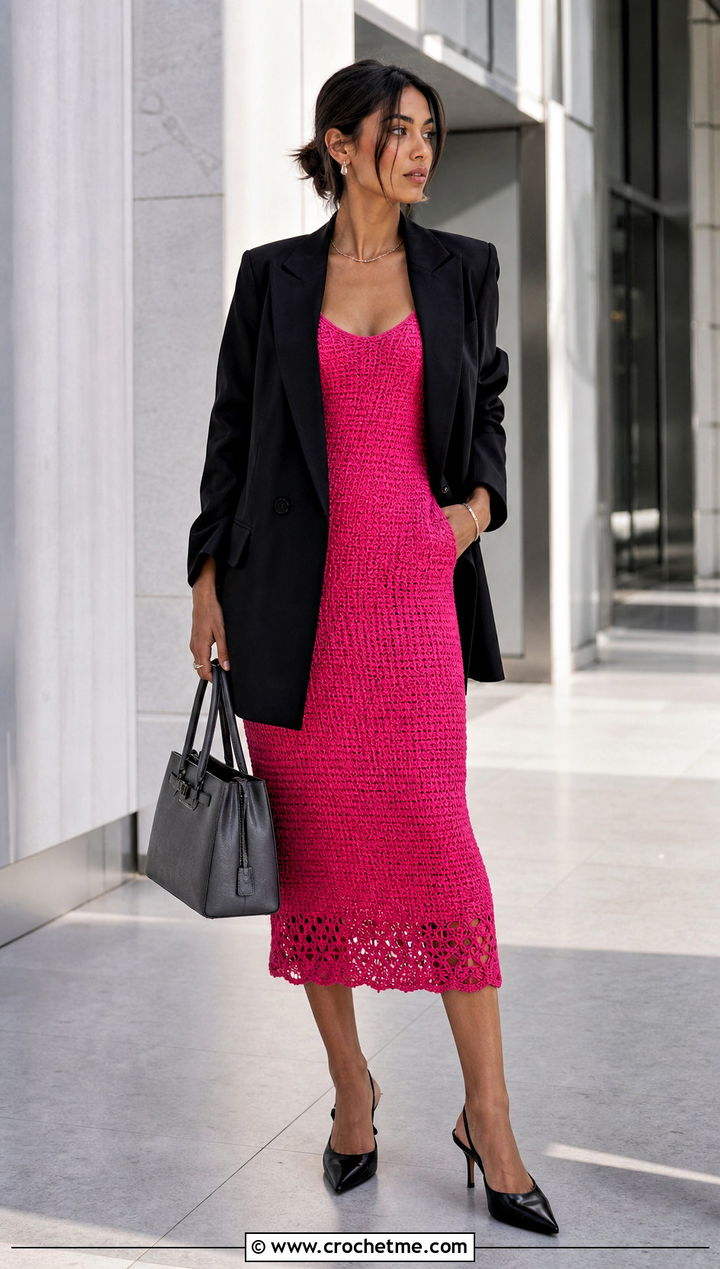 Hot Pink Crochet Tank Midi Dress With Black Blazer - 25 hot pink crochet dress outfit ideas