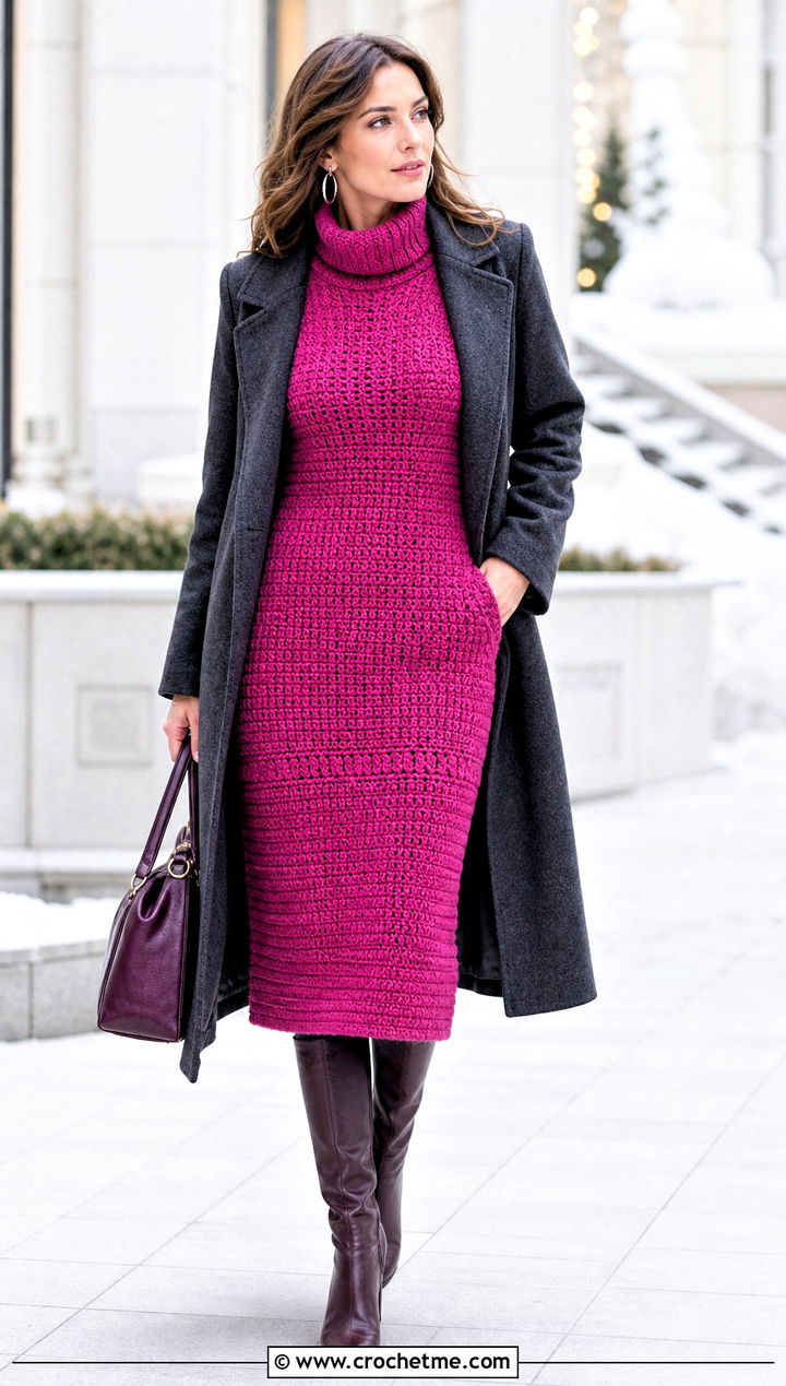 Hot Pink Crochet Turtleneck Dress With Wool Coat - 25 hot pink crochet dress outfit ideas