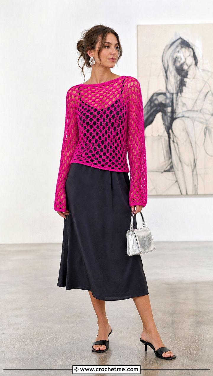 Hot Pink Mesh Crochet Long Sleeve Top Over A Slip Dress - 30 hot pink crochet top outfit ideas