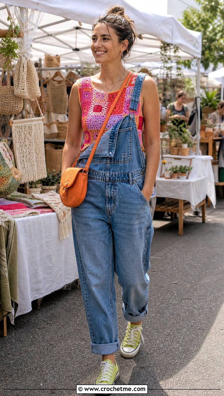 Hot Pink Patchwork Crochet Top With Denim Overalls - 30 hot pink crochet top outfit ideas