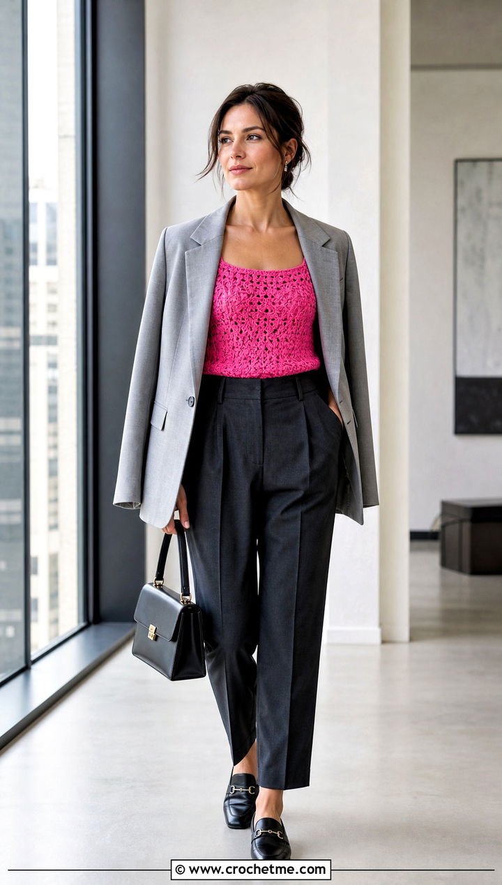 Hot Pink Square Neck Crochet Tank With Tailored Trousers - 30 hot pink crochet top outfit ideas