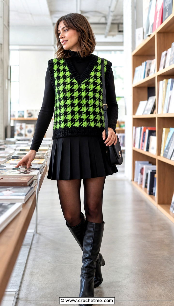 Houndstooth Checkered Crochet Vest With Pleated Mini Skirt - 30 checkered crochet vest outfit ideas
