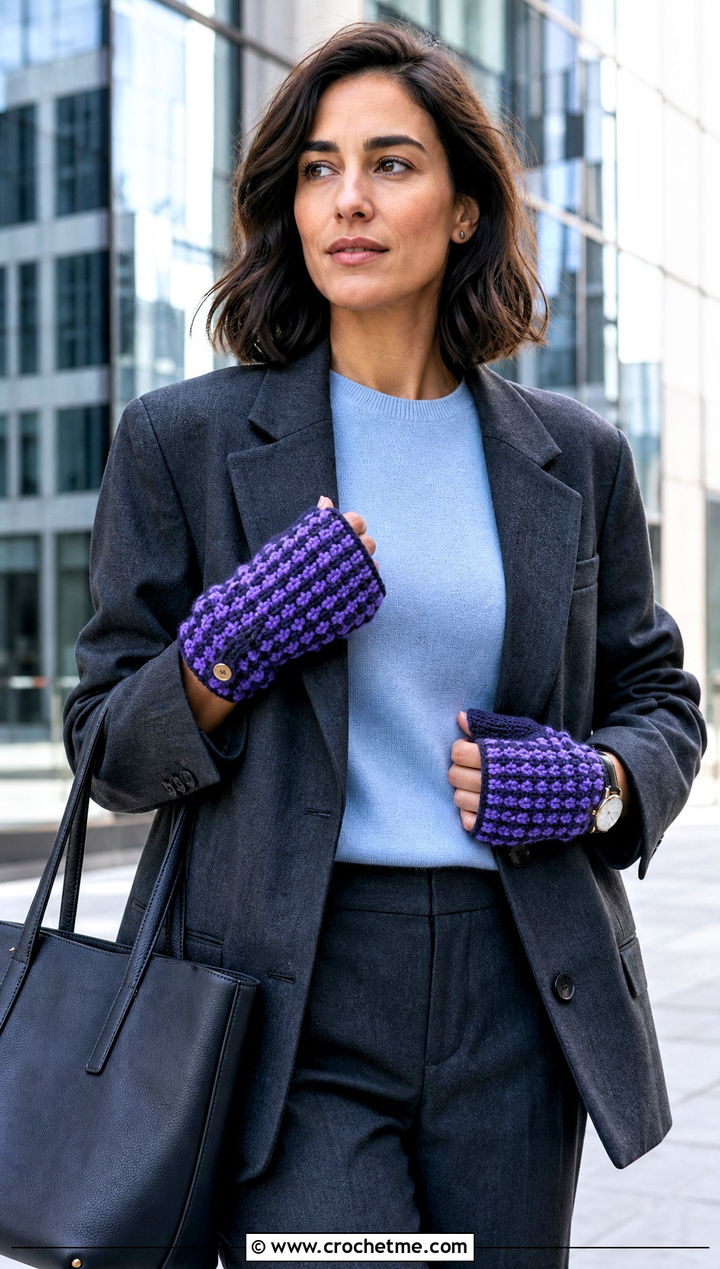 Houndstooth Convertible Crochet Fingerless Mittens With Blazer - 20 Convertible Crochet Fingerless Mittens outfit ideas