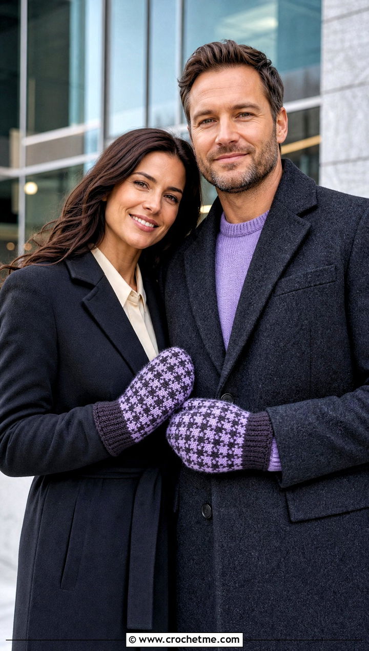 Houndstooth Couple Mittens With Workwear - 25 crochet couple mittens outfit ideas