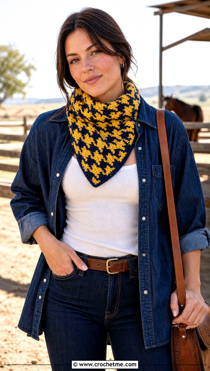 Houndstooth Crochet Bandana Scarf With Western Denim - 15 Houndstooth Crochet Scarf outfit ideas