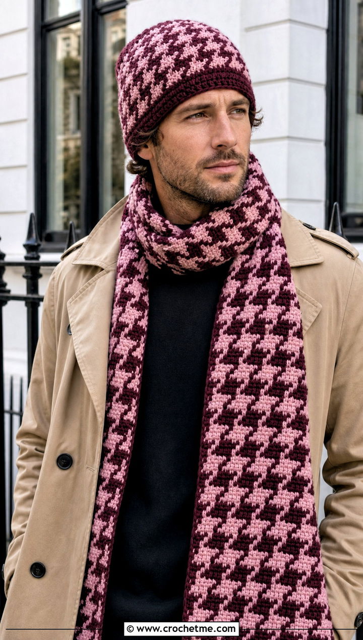 Houndstooth Crochet Beanie And Scarf With Trench Coat - 20 Crochet Mens Hat And Scarf outfit ideas