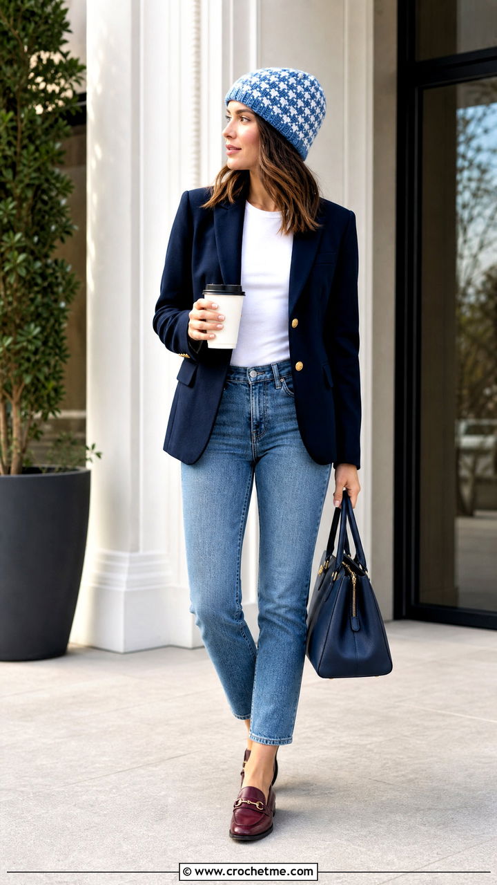 Houndstooth Crochet Beanie With Blazer And Jeans - 35 easy crochet beanie outfit ideas