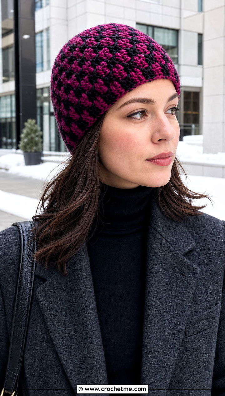 Houndstooth Crochet Beanie With Blazer And Tailored Trousers - 25 winter crochet hat for women outfit ideas