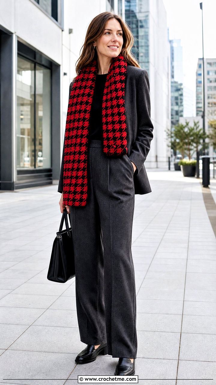 Houndstooth Crochet Blanket Scarf With Trouser Suit - 35 crochet blanket scarf outfit ideas