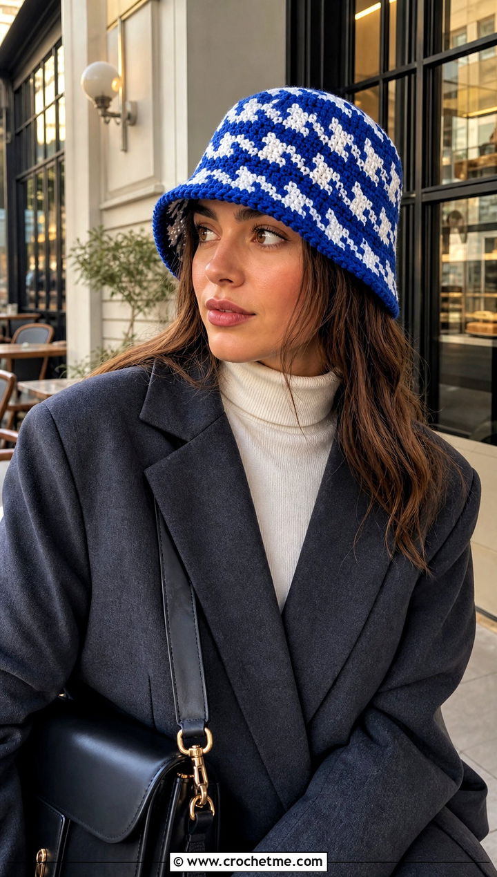Houndstooth Crochet Bucket Hat With Blazer And Jeans - 35 crochet winter bucket hat outfit ideas