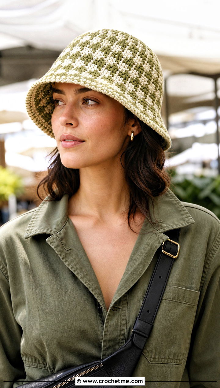 Houndstooth Crochet Bucket Hat With Utility Jumpsuit - 15 houndstooth crochet hat outfit ideas