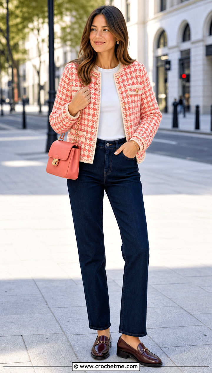 Houndstooth Crochet Chanel Jacket With Dark Wash Jeans - 30 crochet chanel jacket outfit ideas