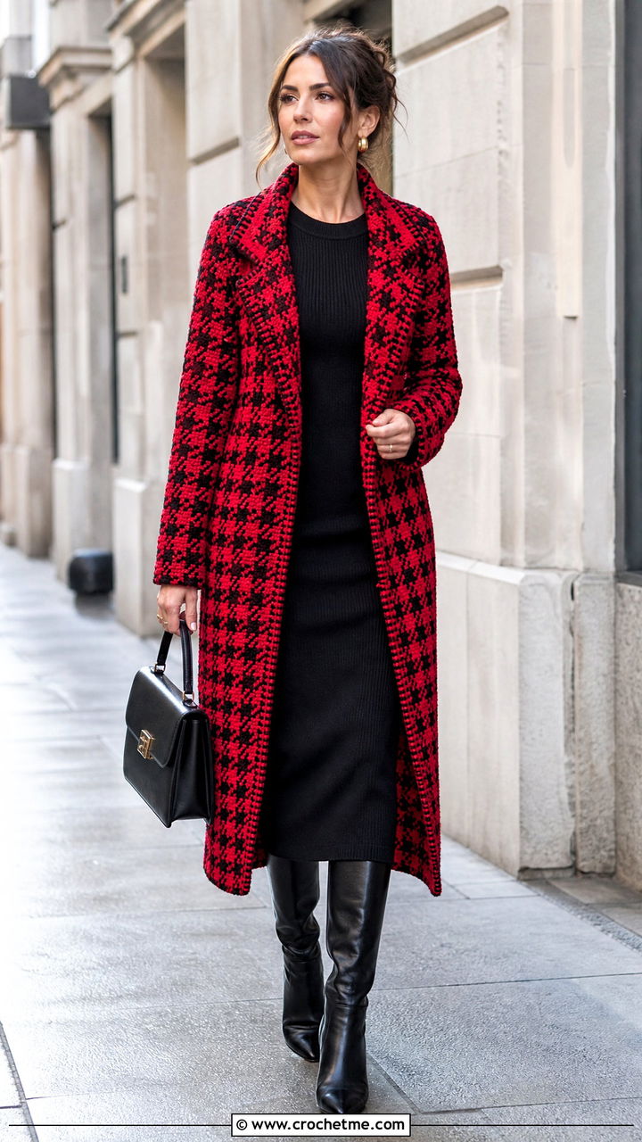 Houndstooth Crochet Coat With Black Knit Dress - 35 crochet coats & jackets outfit ideas