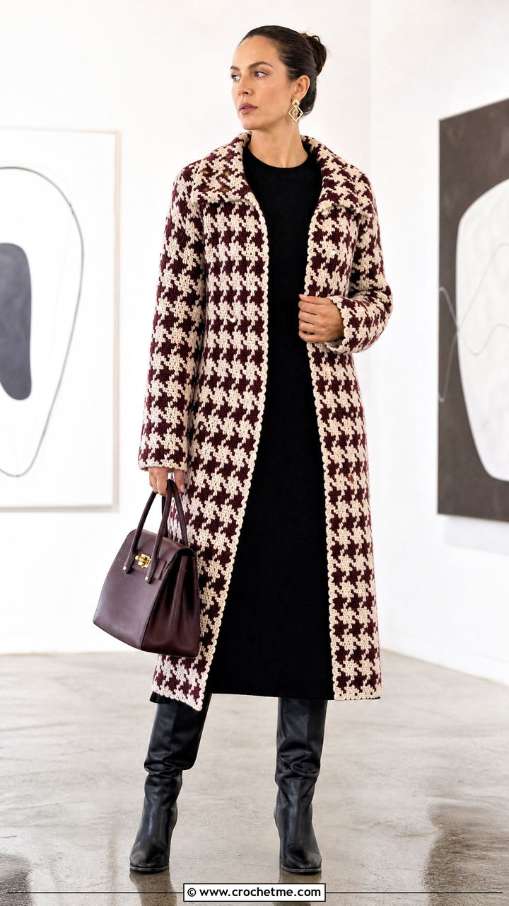 Houndstooth Crochet Coat With Black Knit Dress - 35 crochet coat outfit ideas