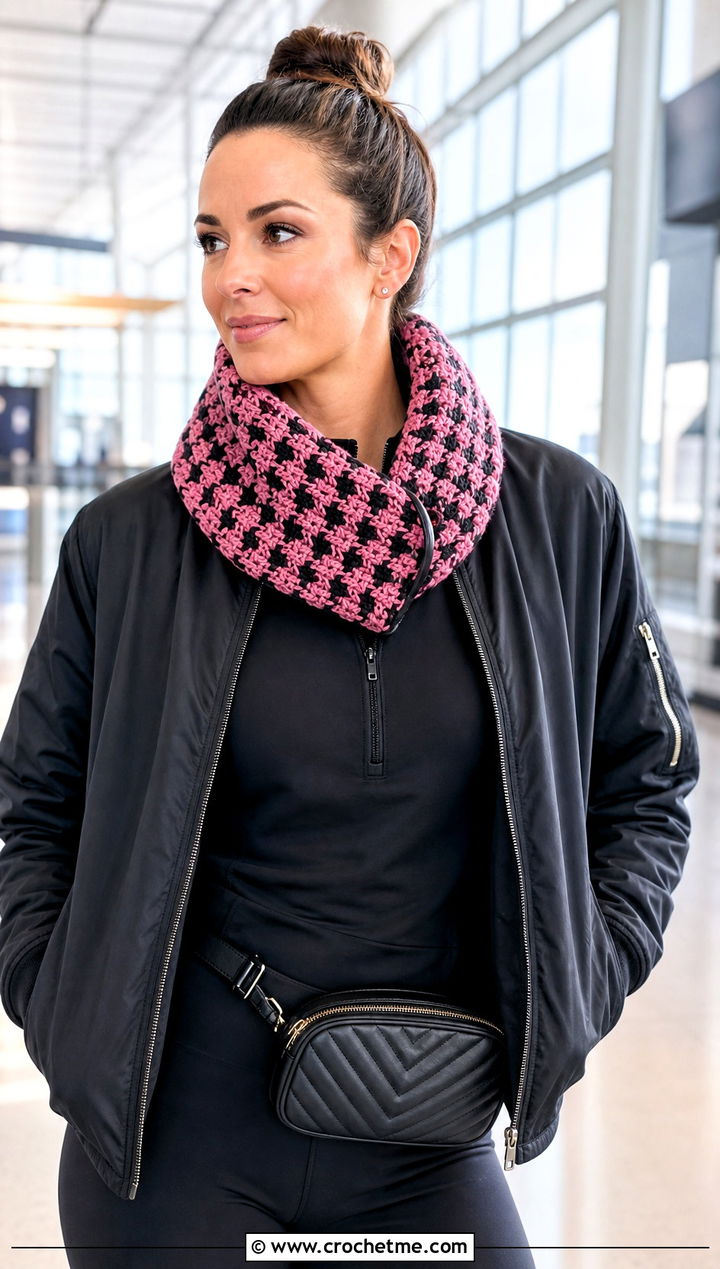 Houndstooth Crochet Cowl Scarf With Athleisure Set - 15 Houndstooth Crochet Scarf outfit ideas
