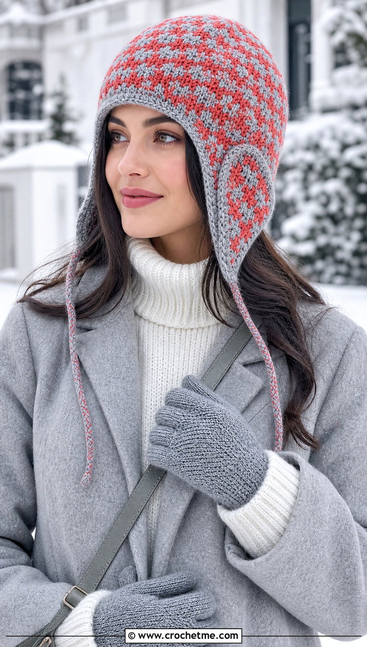 Houndstooth Crochet Earflap Hat With Wool Coat - 15 houndstooth crochet hat outfit ideas