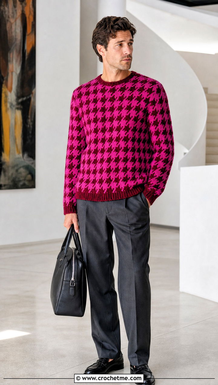 Houndstooth Crochet Jumper With Suit Trousers - 25 mens crochet jumper outfit ideas