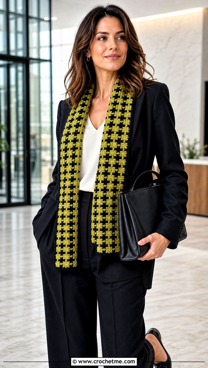 Houndstooth Crochet Long Scarf With Pantsuit And Pointed Flats - 25 Crochet Long Scarf outfit ideas