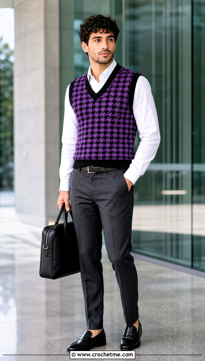 Houndstooth Crochet Mens Sweater Vest With Suit Trousers - 25 crochet mens sweater vest outfit ideas