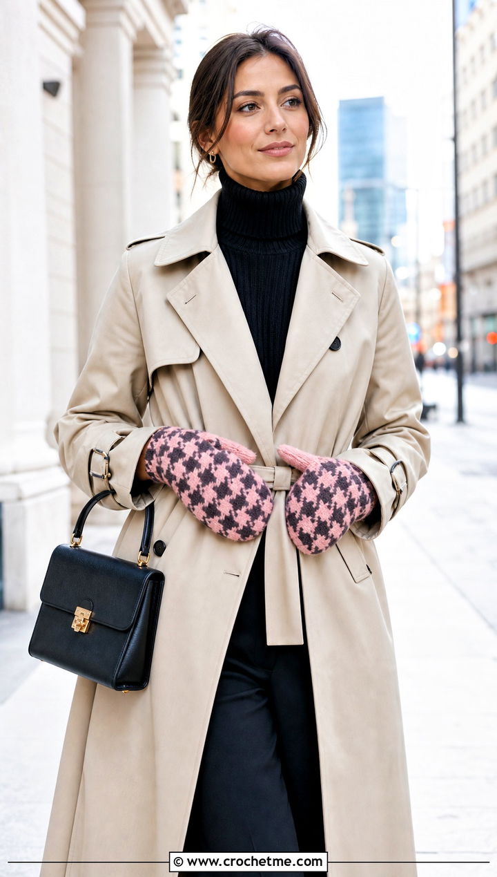 Houndstooth Crochet Mittens With Trench Coat and Loafers - 25 Simple Crochet Mittens outfit ideas