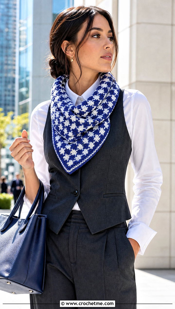 Houndstooth Crochet Roll Up Scarf With Tailored Vest - 25 Crochet Roll Up Scarf outfit ideas